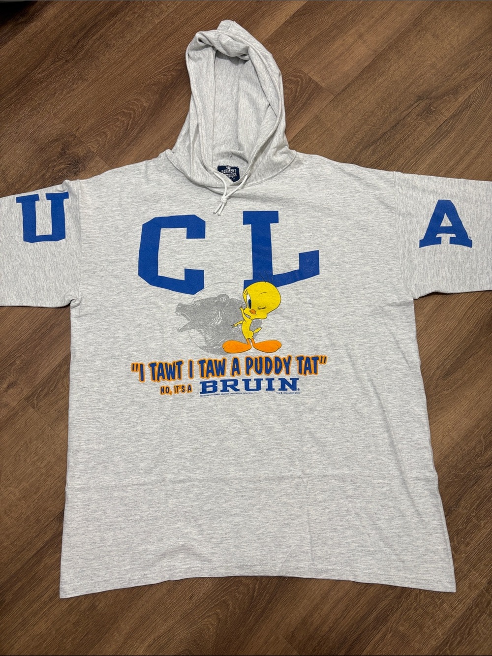Vintage Gray UCLA Bruin x Tweety Bird Hooded Short Sleeve Tee 1993 Size XL